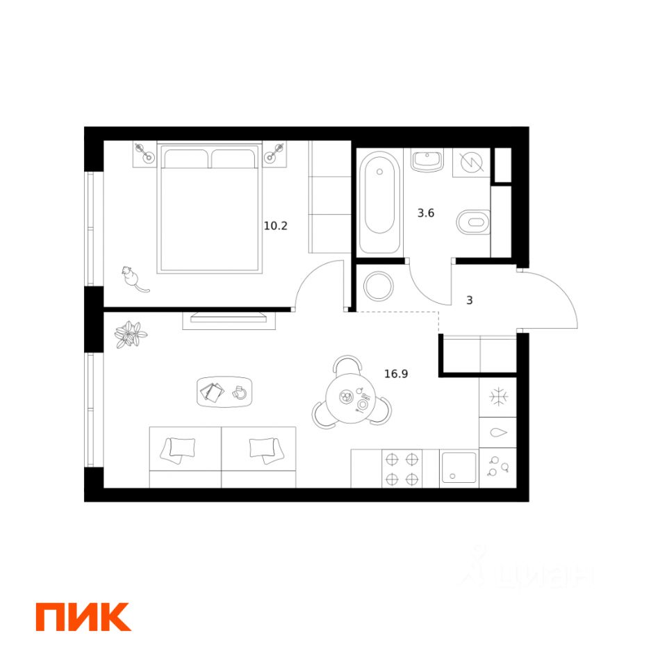 1-комн.кв., 33,7 м², 2/12 этаж