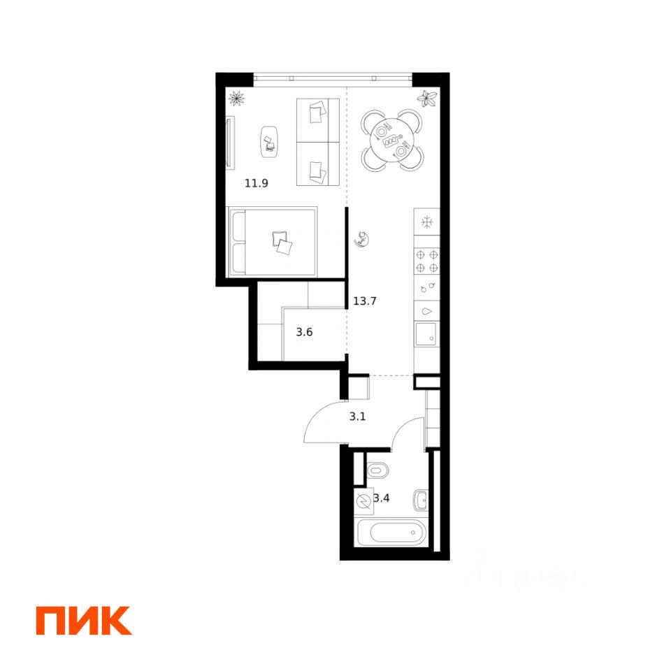 1-комн.кв., 35,7 м², 13/29 этаж
