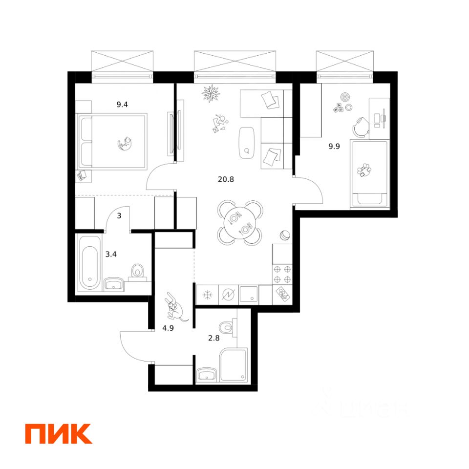 2-комн.кв., 54,2 м², 13/30 этаж
