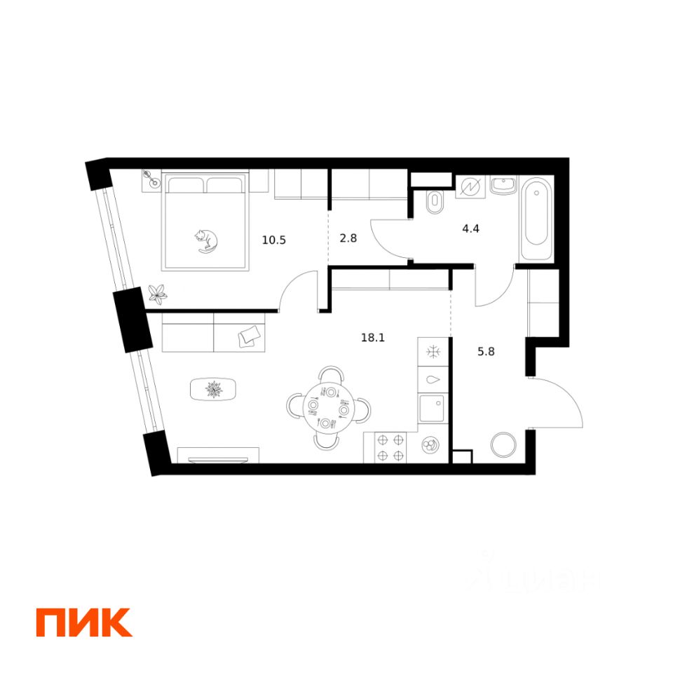 1-комн.кв., 41,6 м², 21/43 этаж