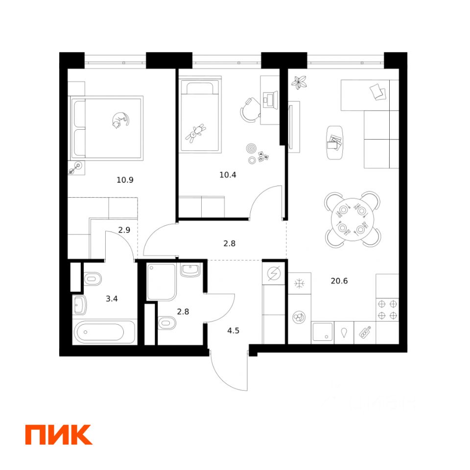2-комн.кв., 58,3 м², 13/43 этаж