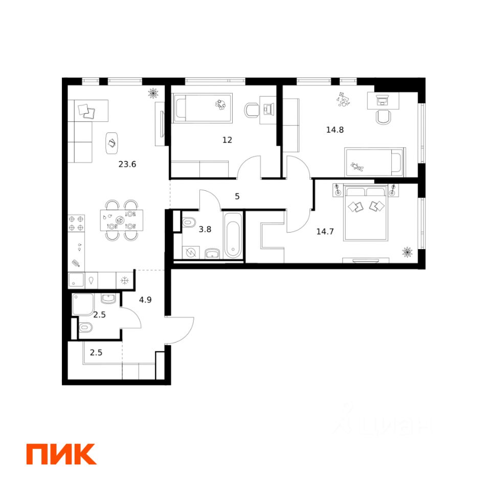 3-комн.кв., 83,8 м², 2/24 этаж