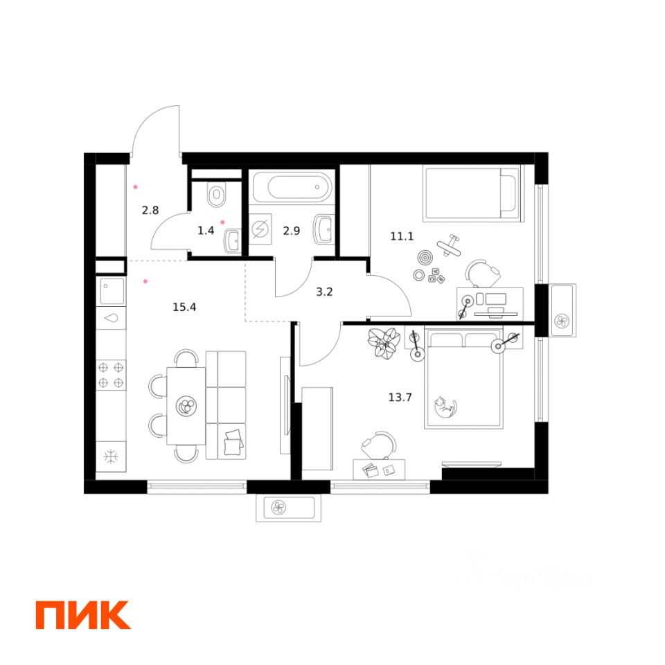 2-комн.кв., 50,5 м², 23/25 этаж