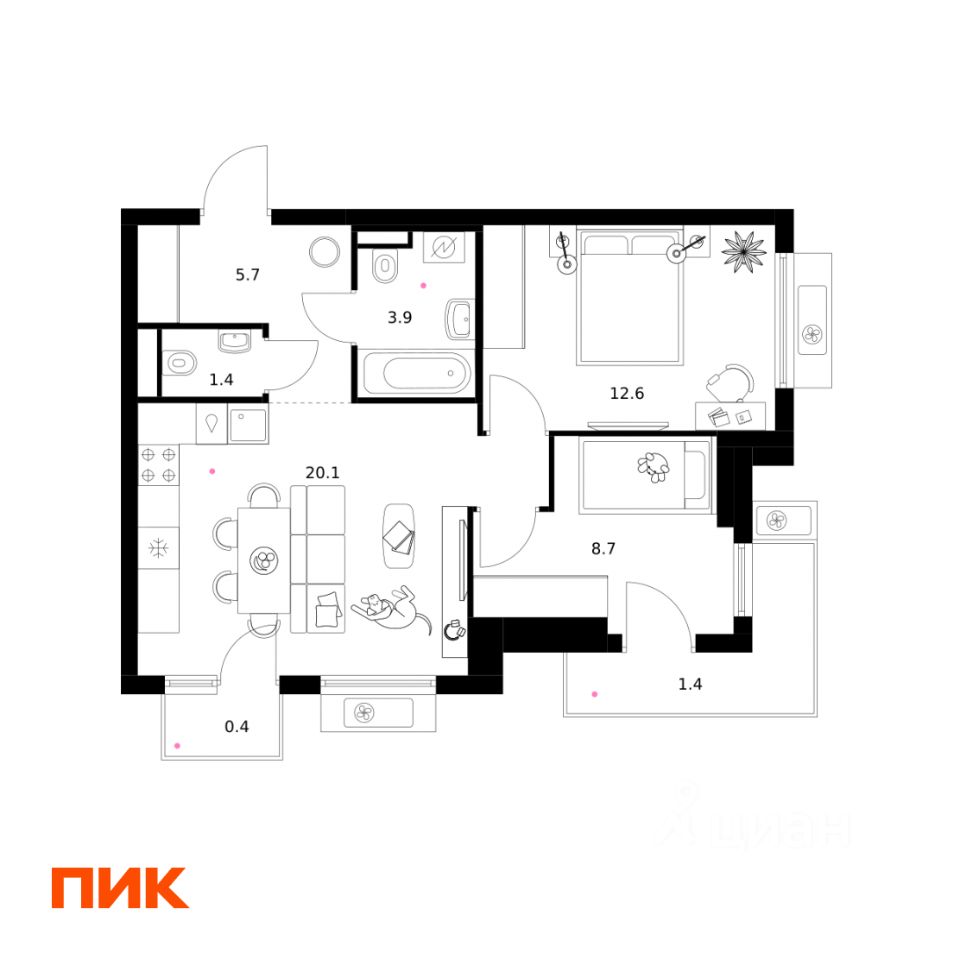 2-комн.кв., 54,2 м², 5/25 этаж