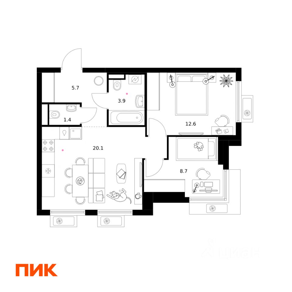 2-комн.кв., 52,4 м², 10/25 этаж
