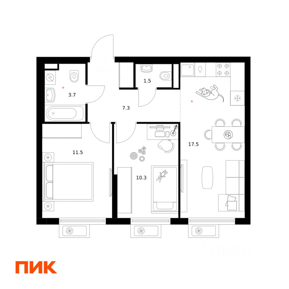 2-комн.кв., 51,8 м², 20/25 этаж