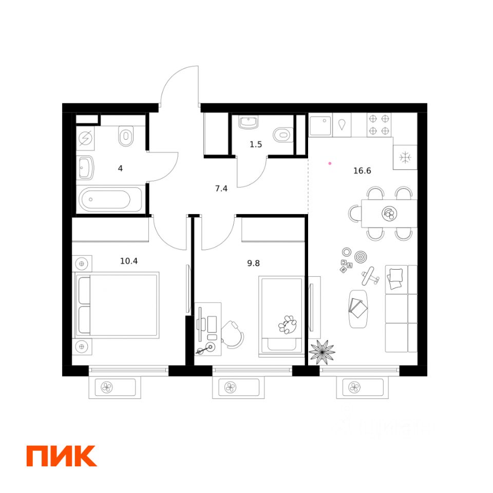 2-комн.кв., 49,7 м², 12/15 этаж