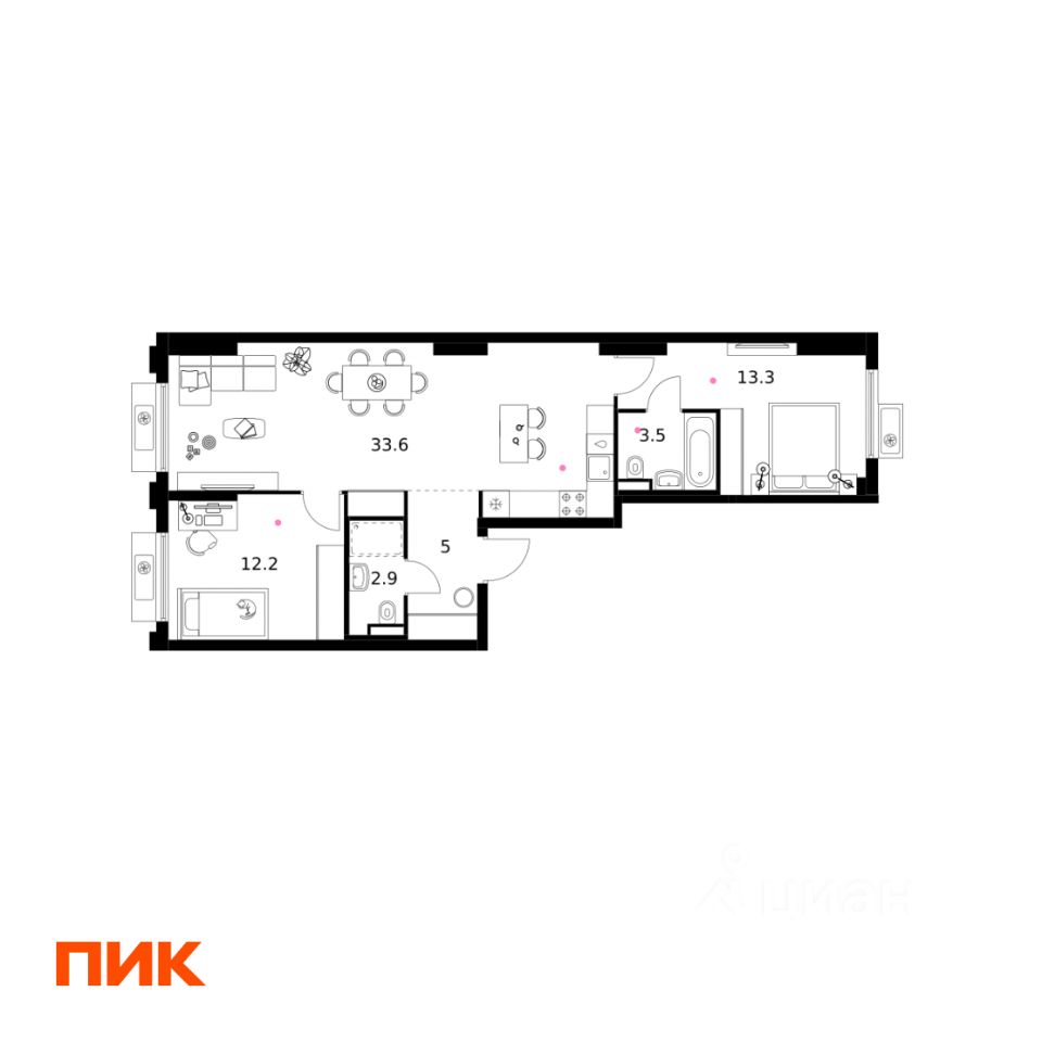 2-комн.кв., 70,5 м², 2/19 этаж