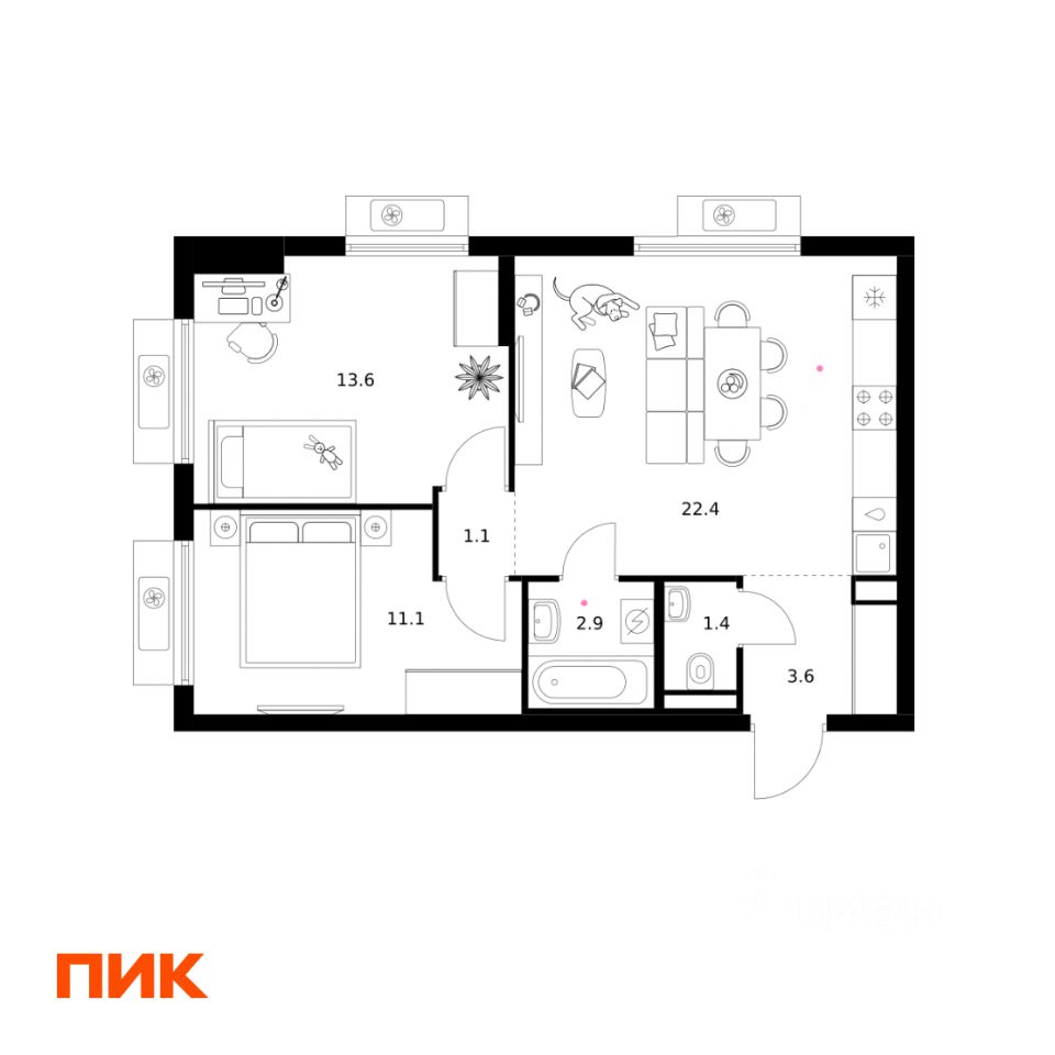2-комн.кв., 56,1 м², 11/15 этаж