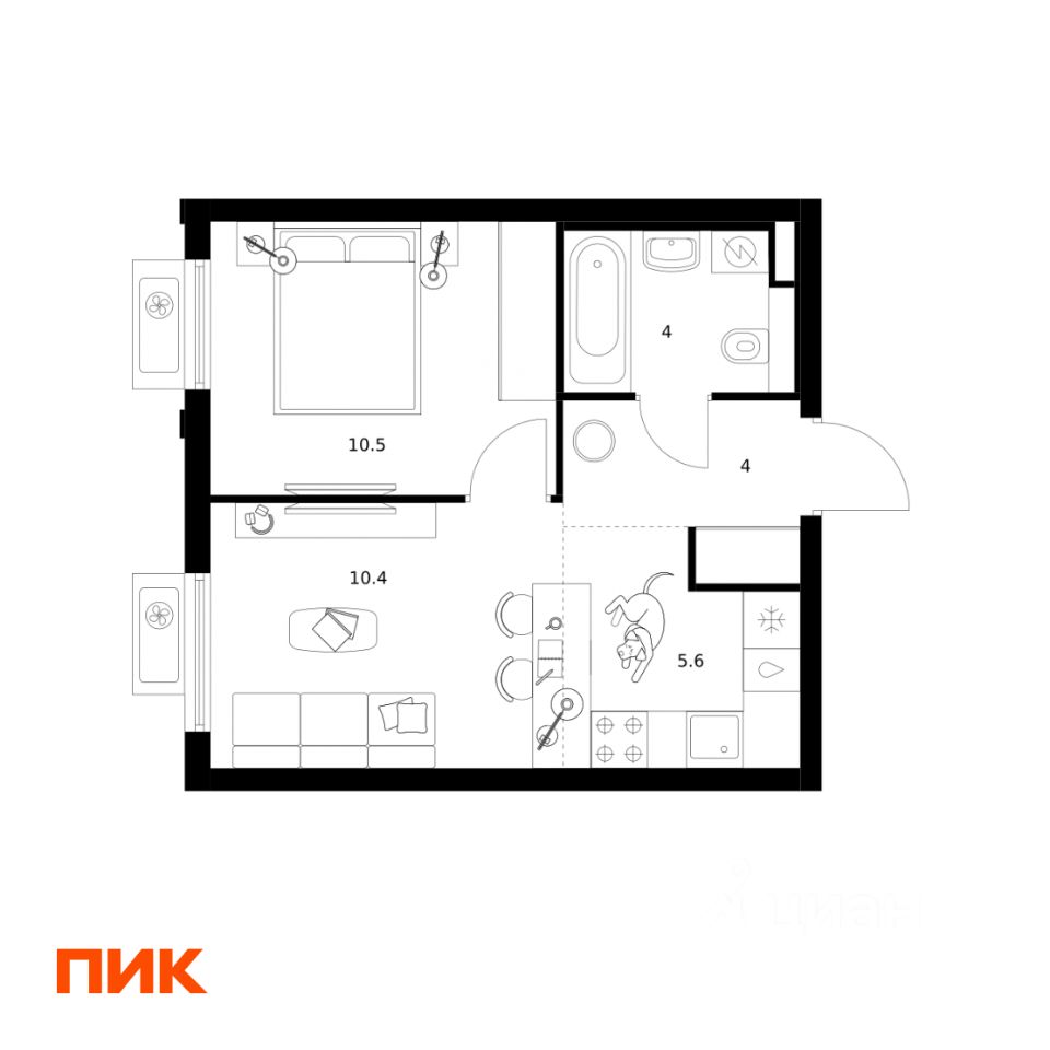1-комн.кв., 34,5 м², 13/15 этаж
