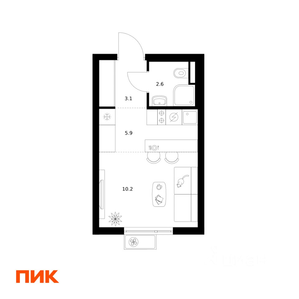 Студия, 21,8 м², 12/25 этаж