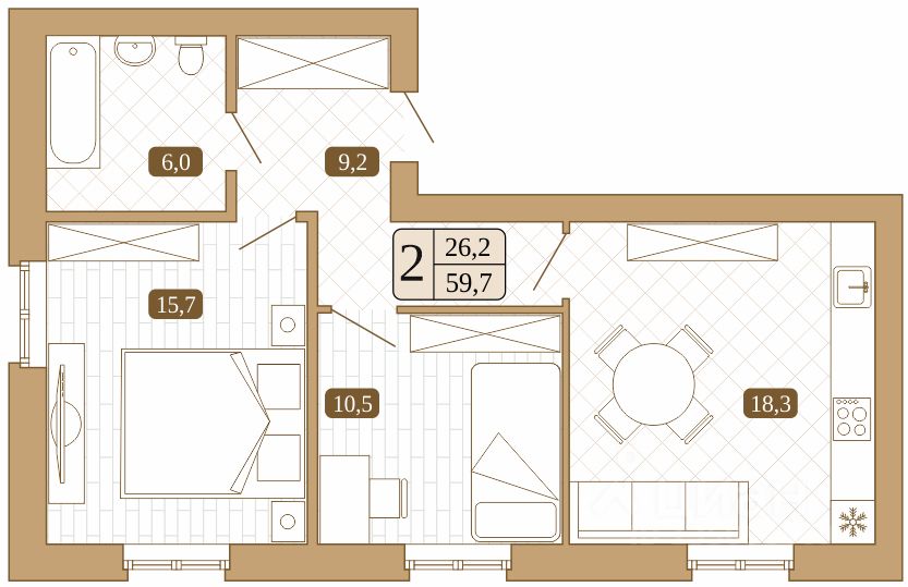 Продается2-комн.квартира,59,7м²