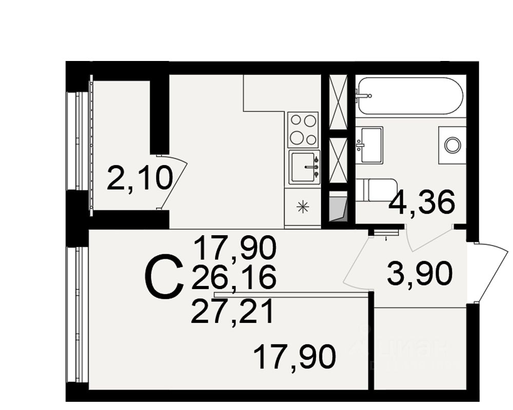 1-комн.кв., 26,2 м², 1/18 этаж
