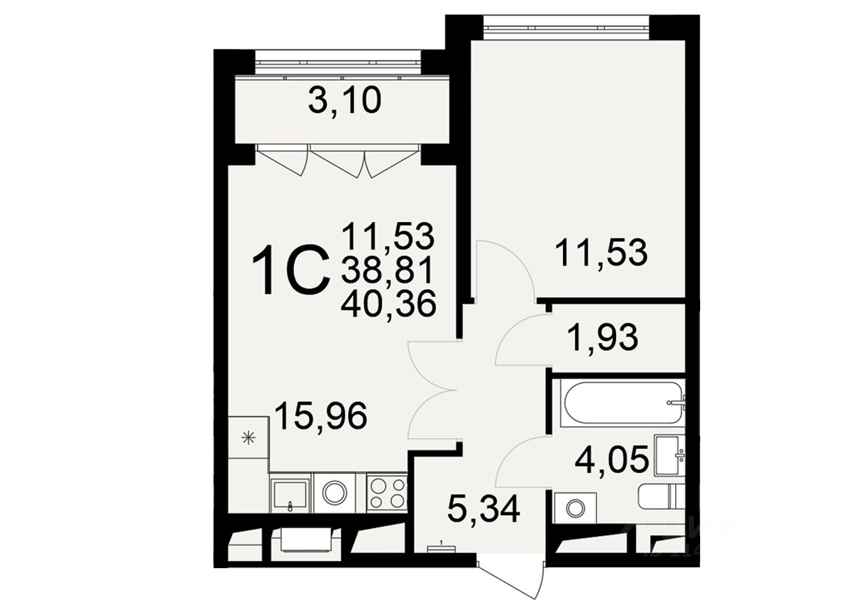 1-комн.кв., 38,8 м², 13/25 этаж