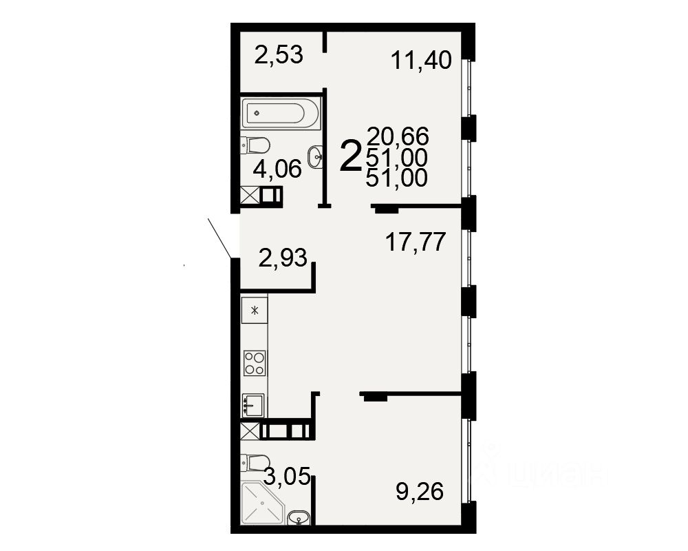 2-комн.кв., 51 м², 9/9 этаж