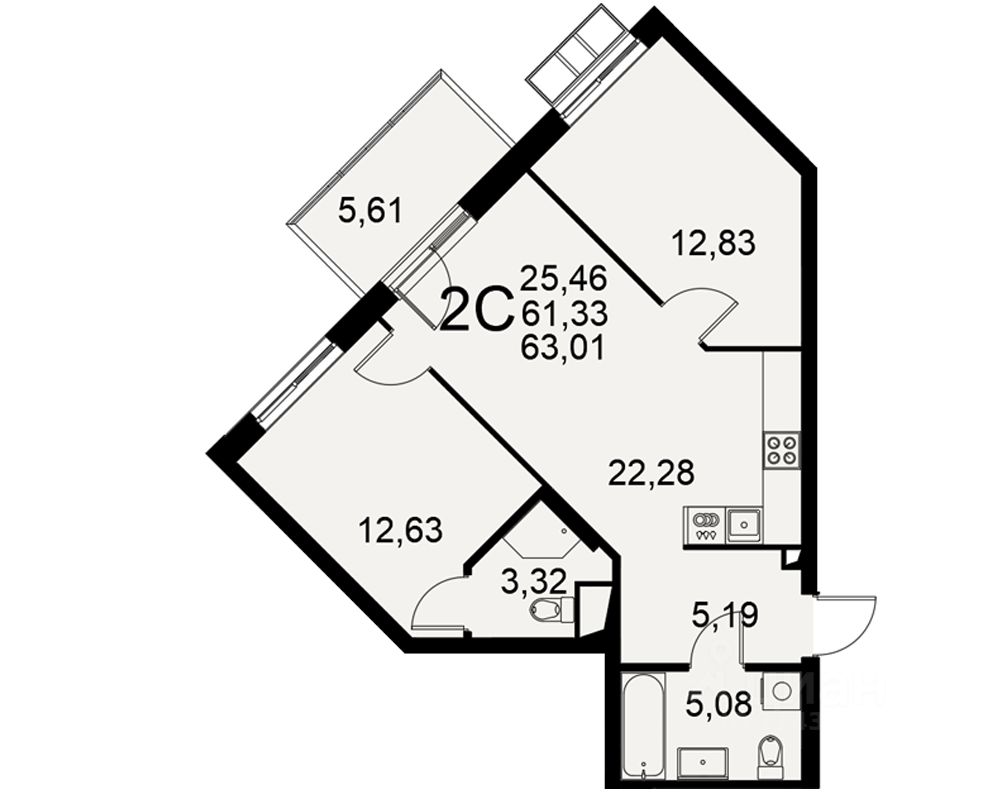 2-комн.кв., 63 м², 3/11 этаж