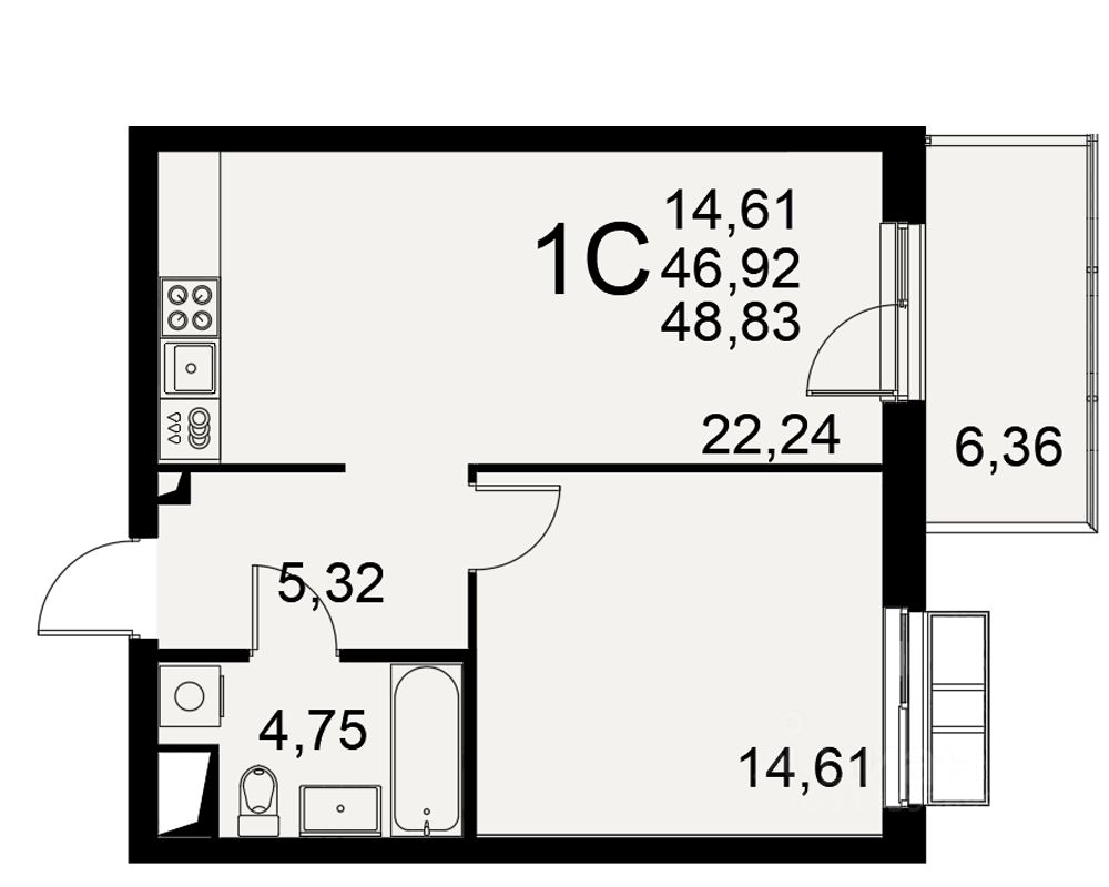 1-комн.кв., 48,8 м², 6/11 этаж
