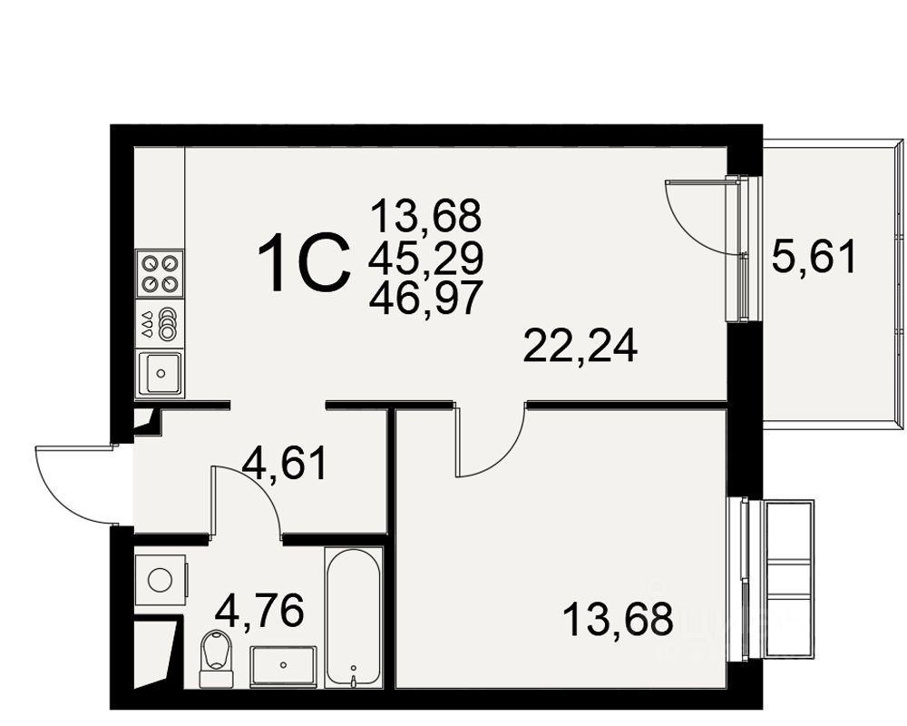 1-комн.кв., 47 м², 3/10 этаж
