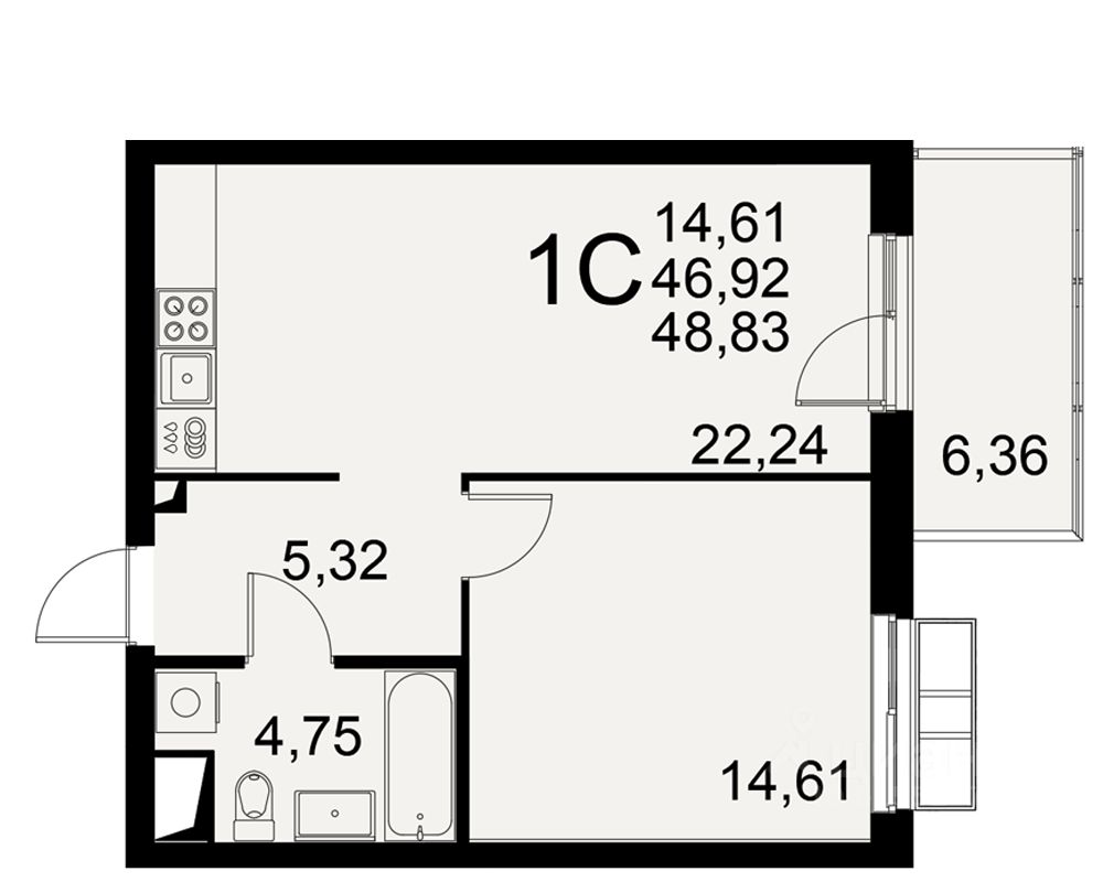 1-комн.кв., 48,8 м², 4/11 этаж