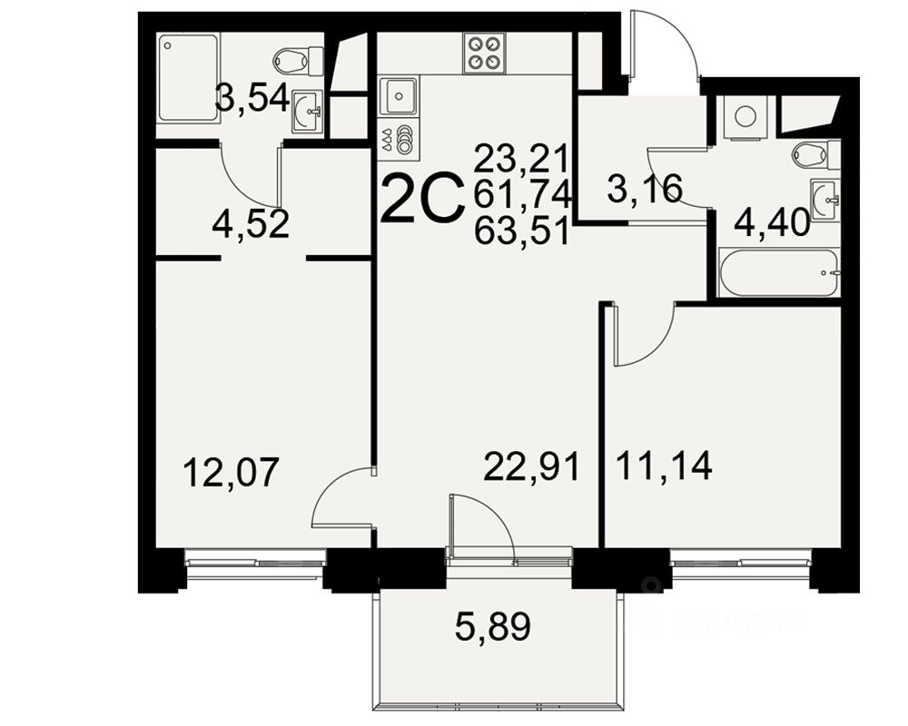 2-комн.кв., 63,5 м², 3/5 этаж