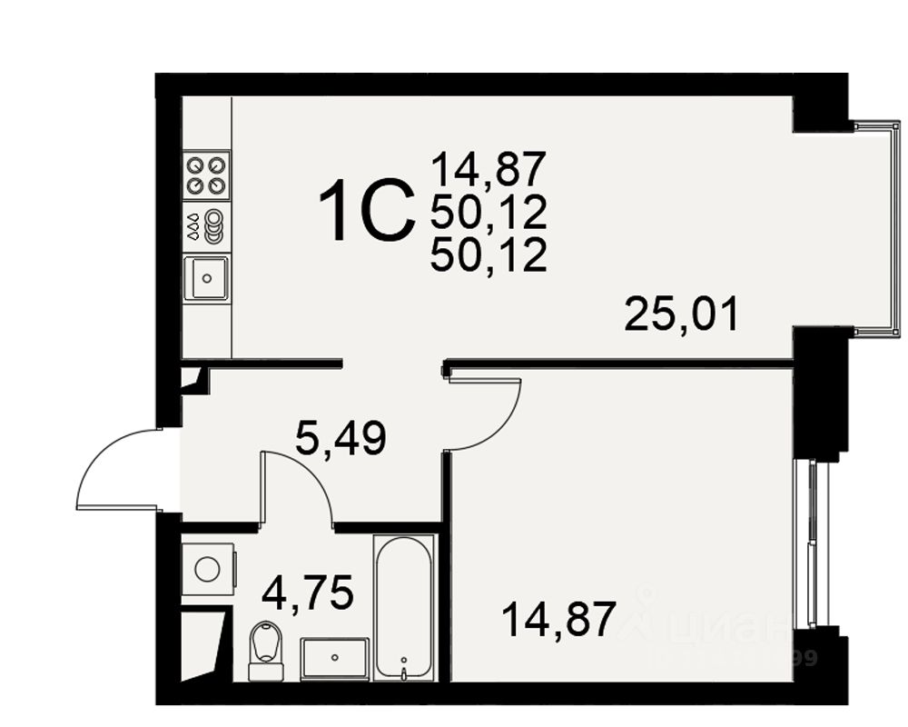 1-комн.кв., 50,1 м², 4/5 этаж