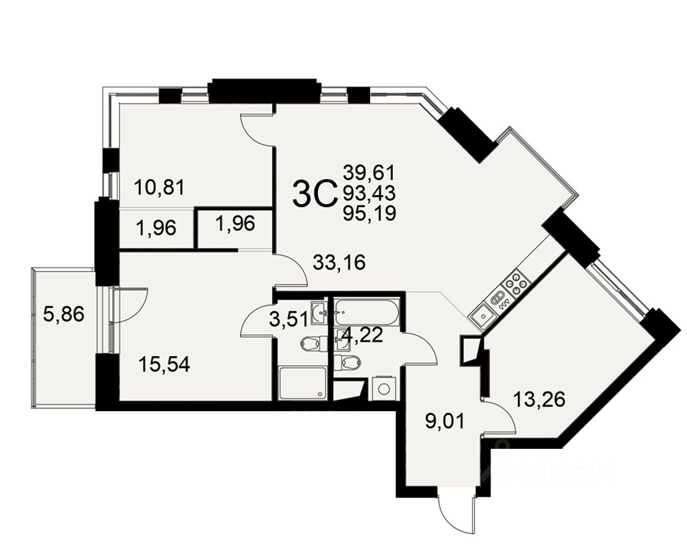 3-комн.кв., 95,2 м², 3/5 этаж