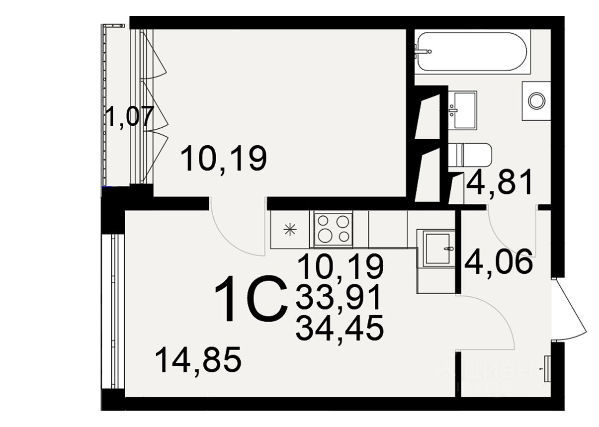1-комн.кв., 33,9 м², 10/25 этаж