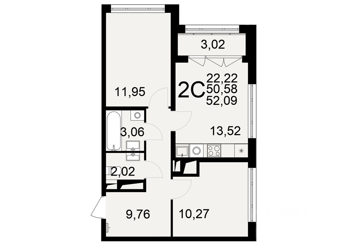 2-комн.кв., 50,6 м², 20/25 этаж