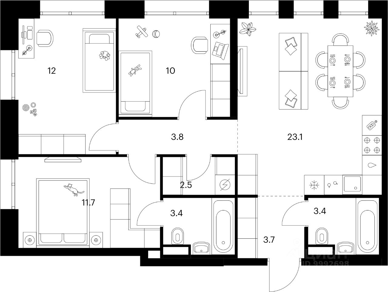 3-комн.кв., 73,6 м², 2/30 этаж