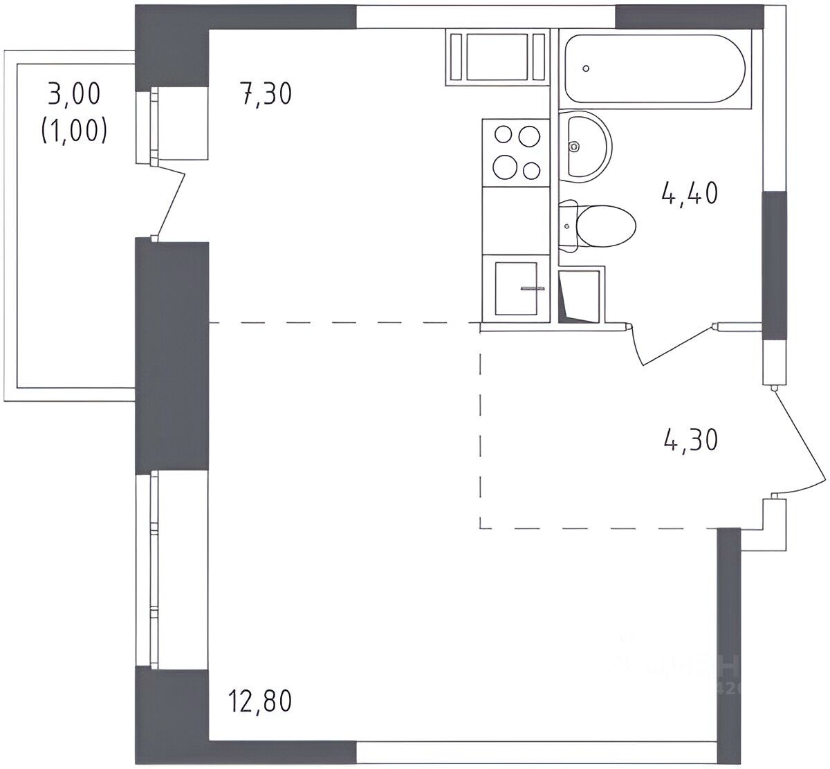 Планировка этой квартиры по данным Циан