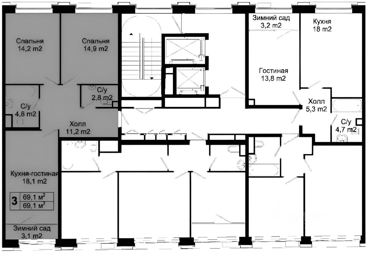 Планировка этой квартиры по данным Циан