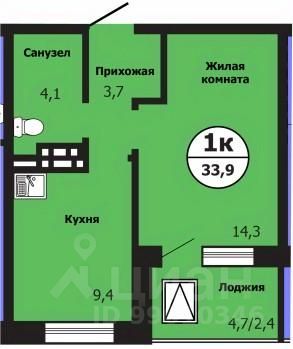 1-комн.кв., 33,4 м², 4/19 этаж