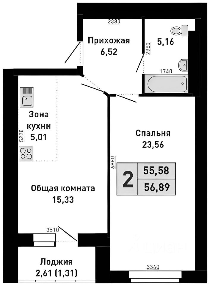 Планировка этой квартиры по данным Циан