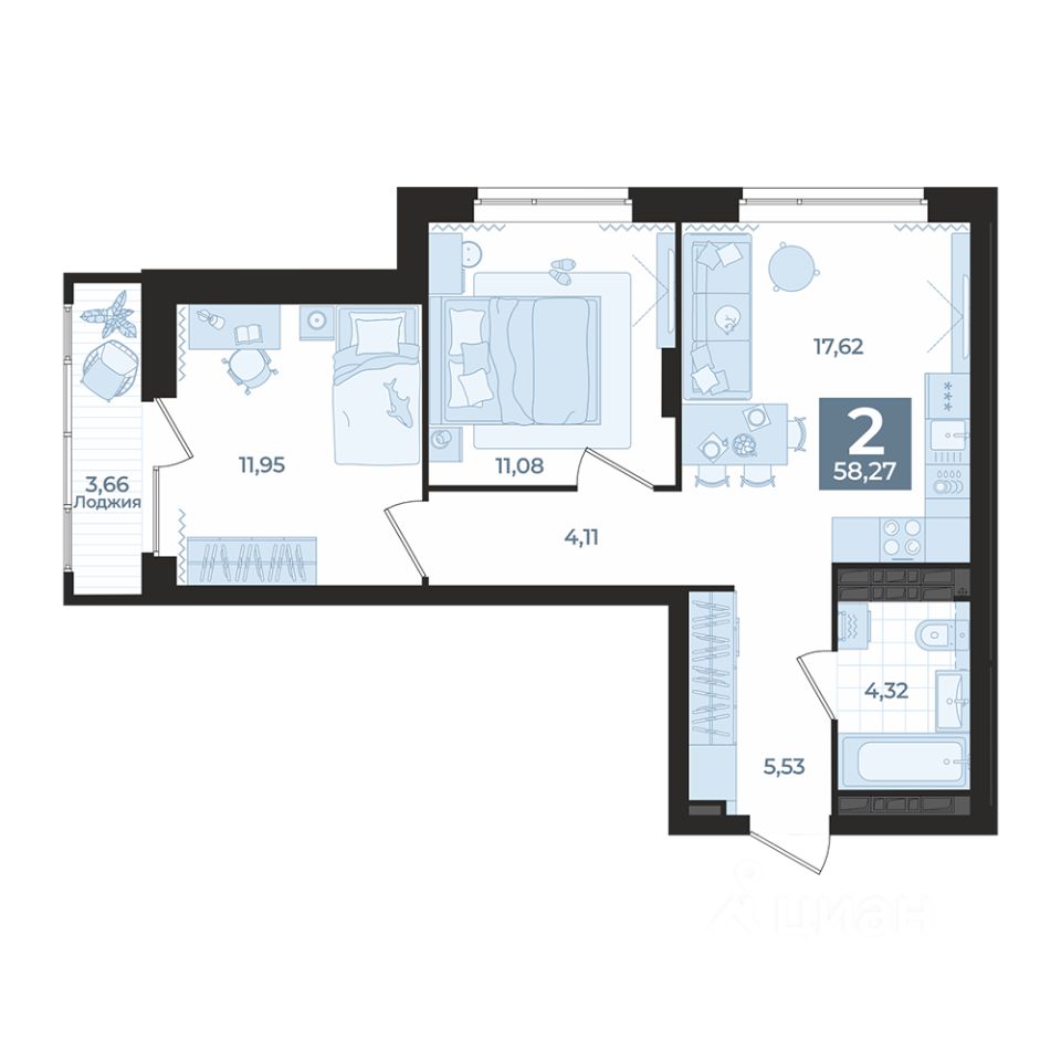 2-комн.кв., 58,3 м², 24/29 этаж