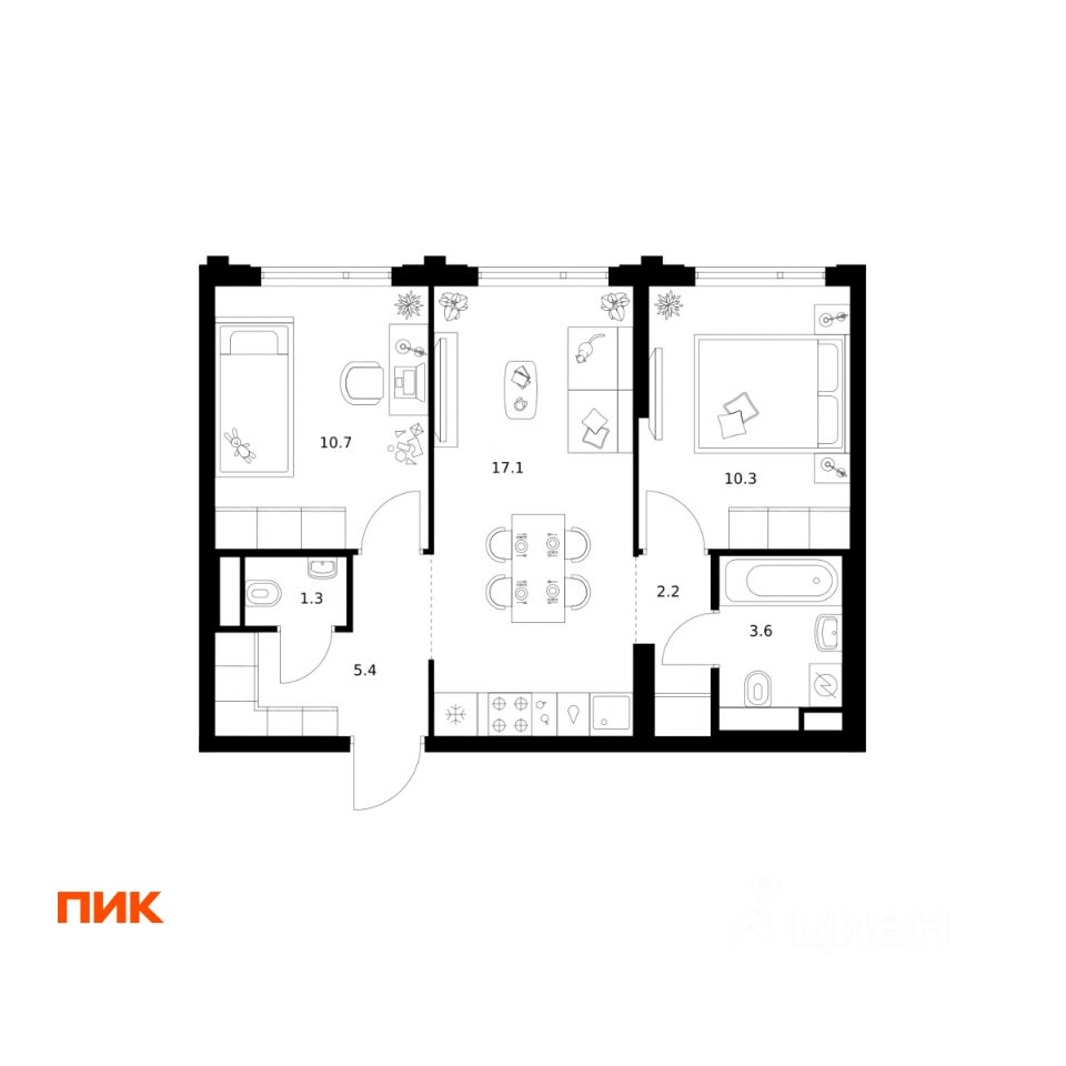 2-комн.кв., 50,6 м², 13/32 этаж