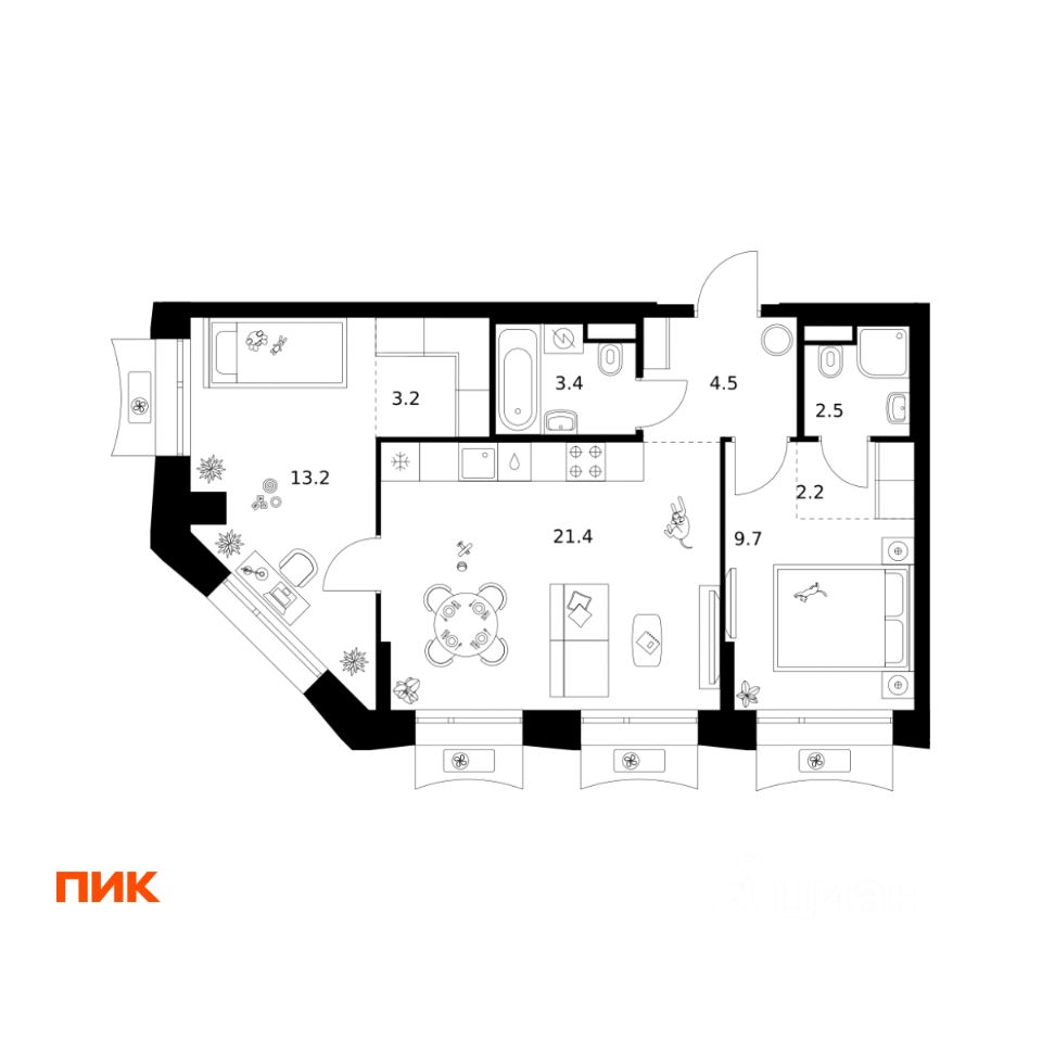 2-комн.кв., 60,1 м², 29/32 этаж