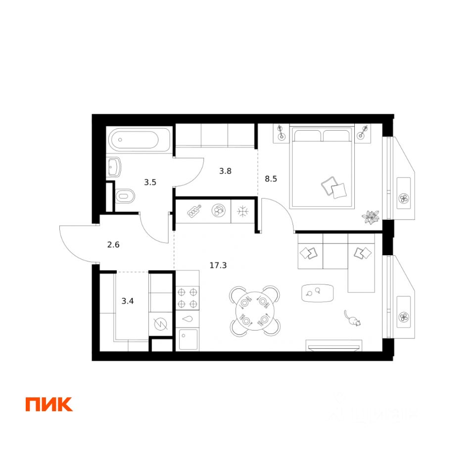 1-комн.кв., 39,1 м², 21/32 этаж