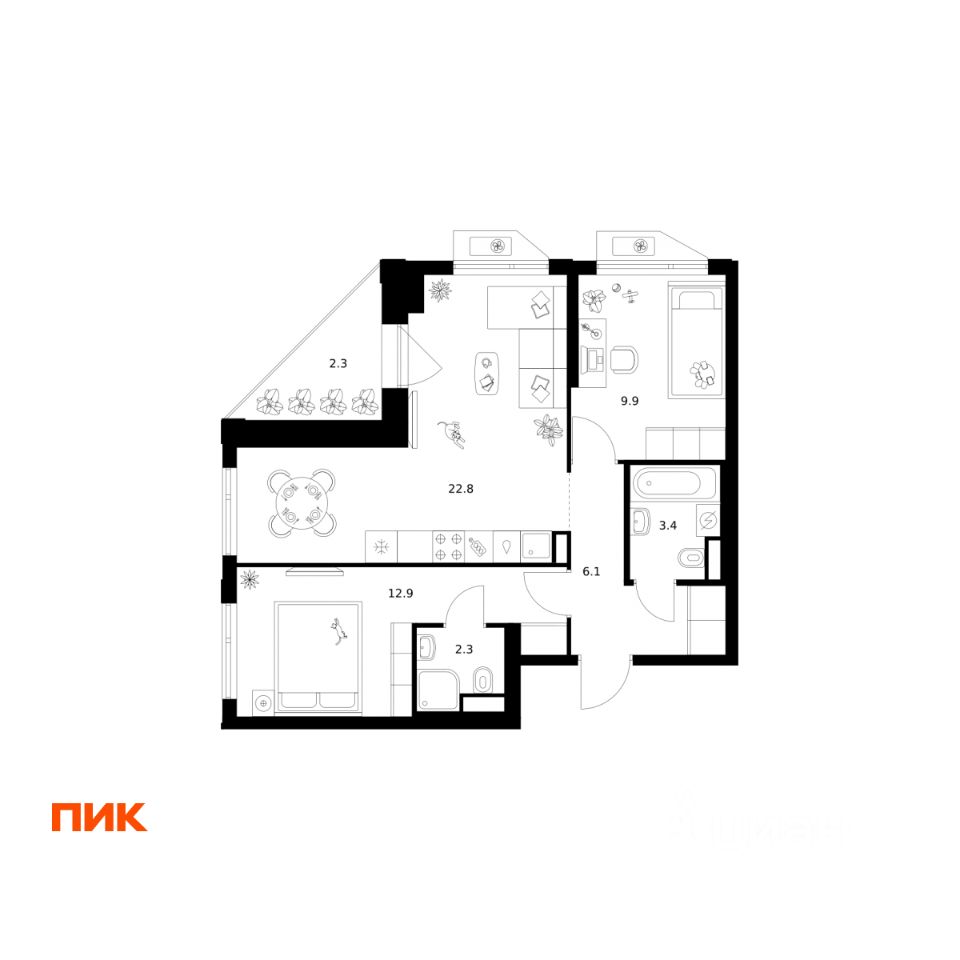 2-комн.кв., 59,7 м², 2/32 этаж