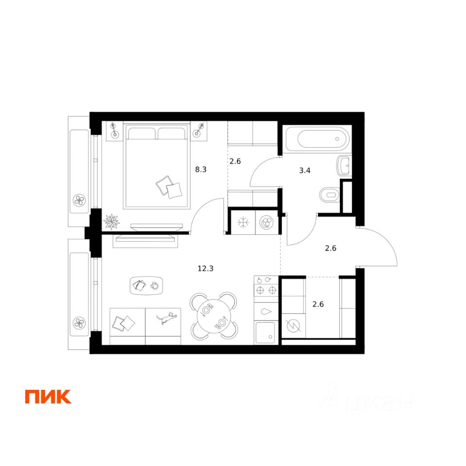1-комн.кв., 31,8 м², 22/32 этаж