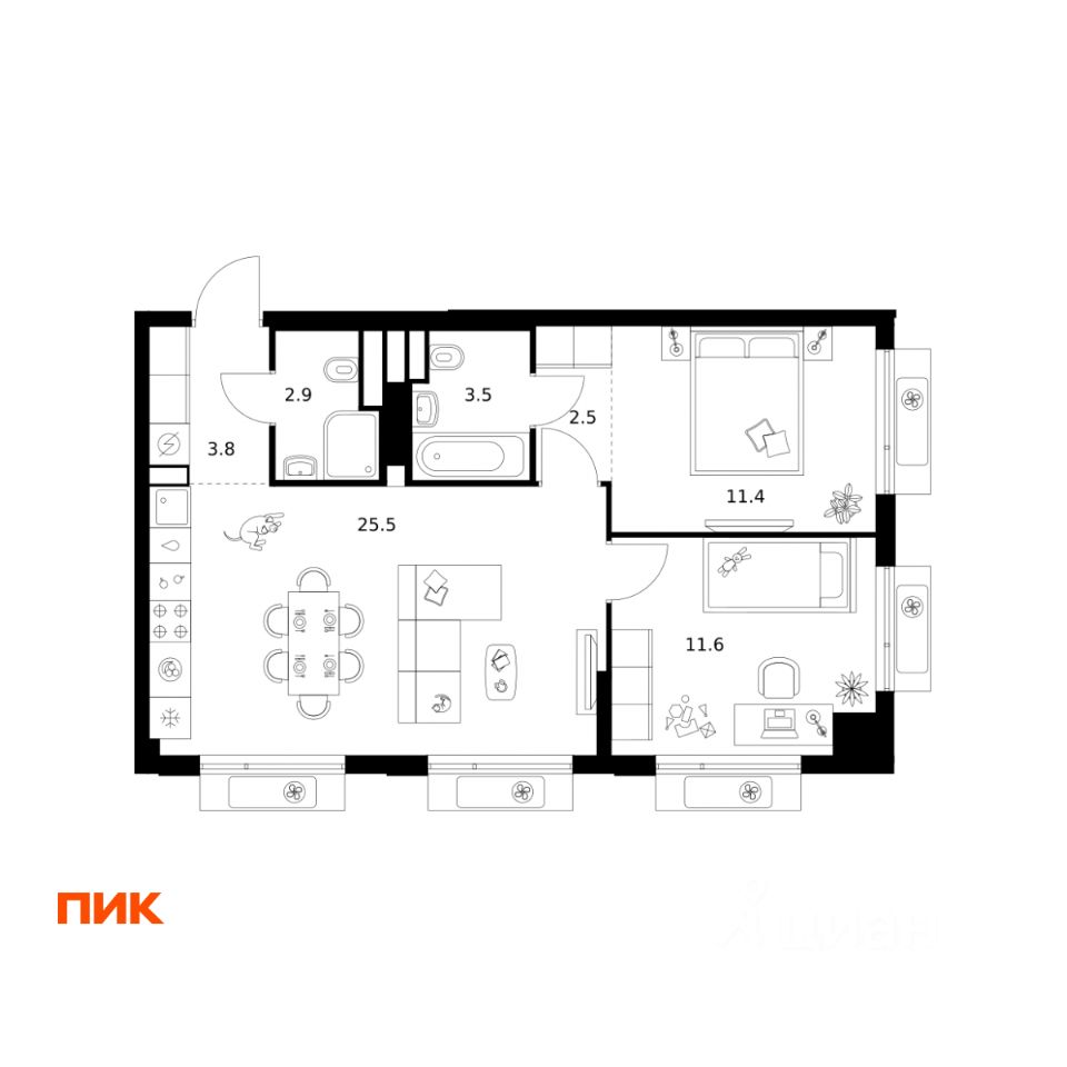 2-комн.кв., 61,2 м², 13/22 этаж