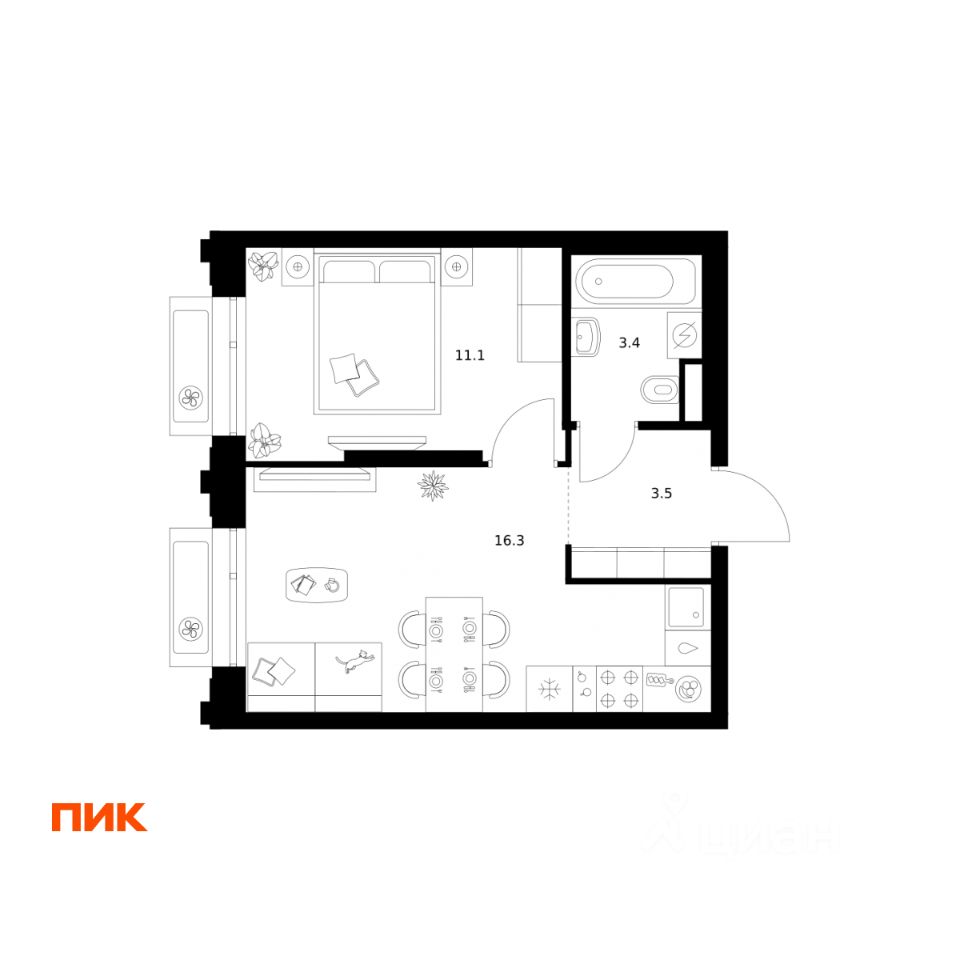 1-комн.кв., 34,3 м², 4/32 этаж