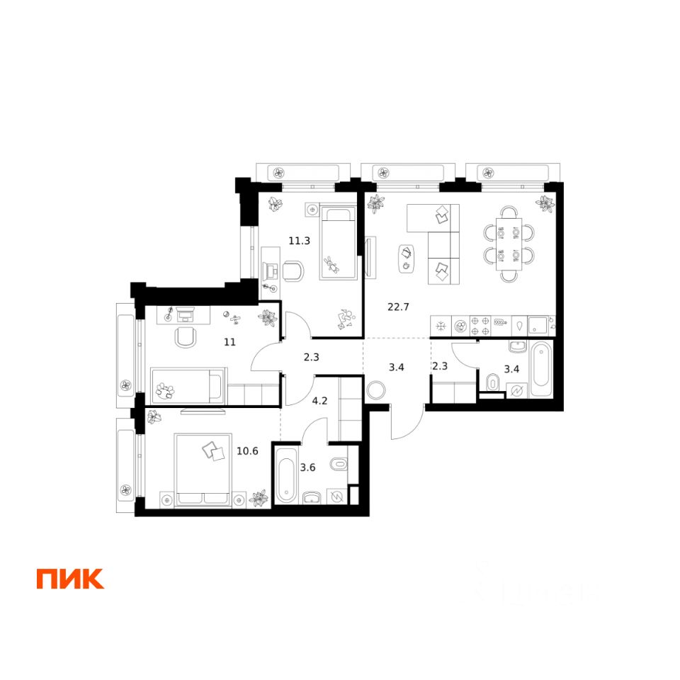 3-комн.кв., 74,8 м², 16/32 этаж