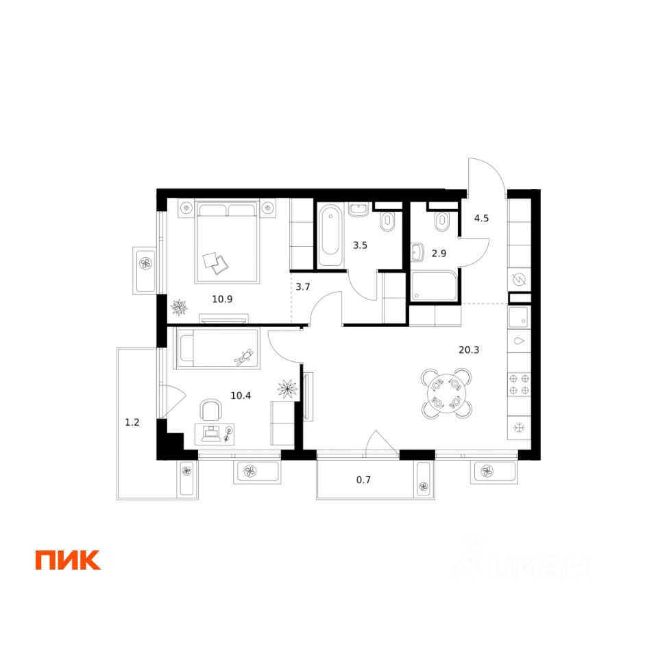 2-комн.кв., 58,1 м², 4/9 этаж