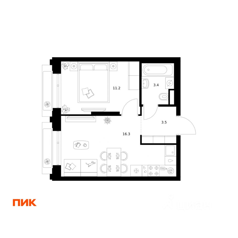 1-комн.кв., 34,4 м², 12/32 этаж