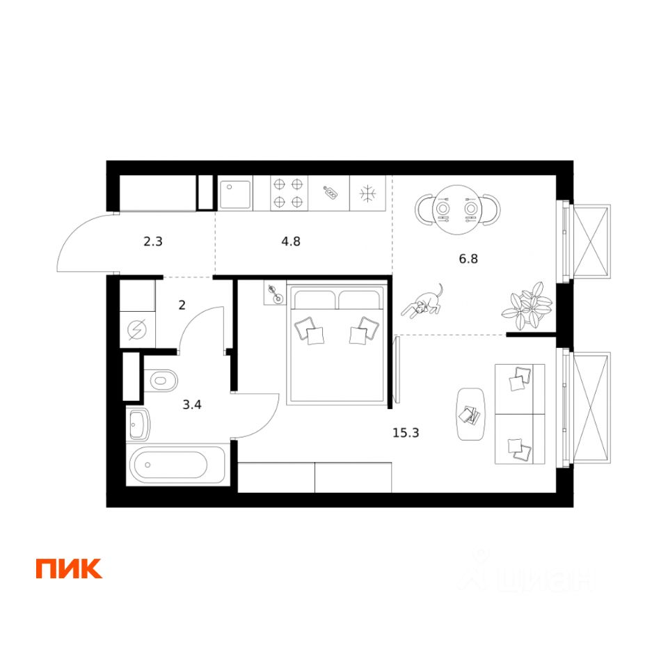 1-комн.кв., 34,6 м², 12/20 этаж