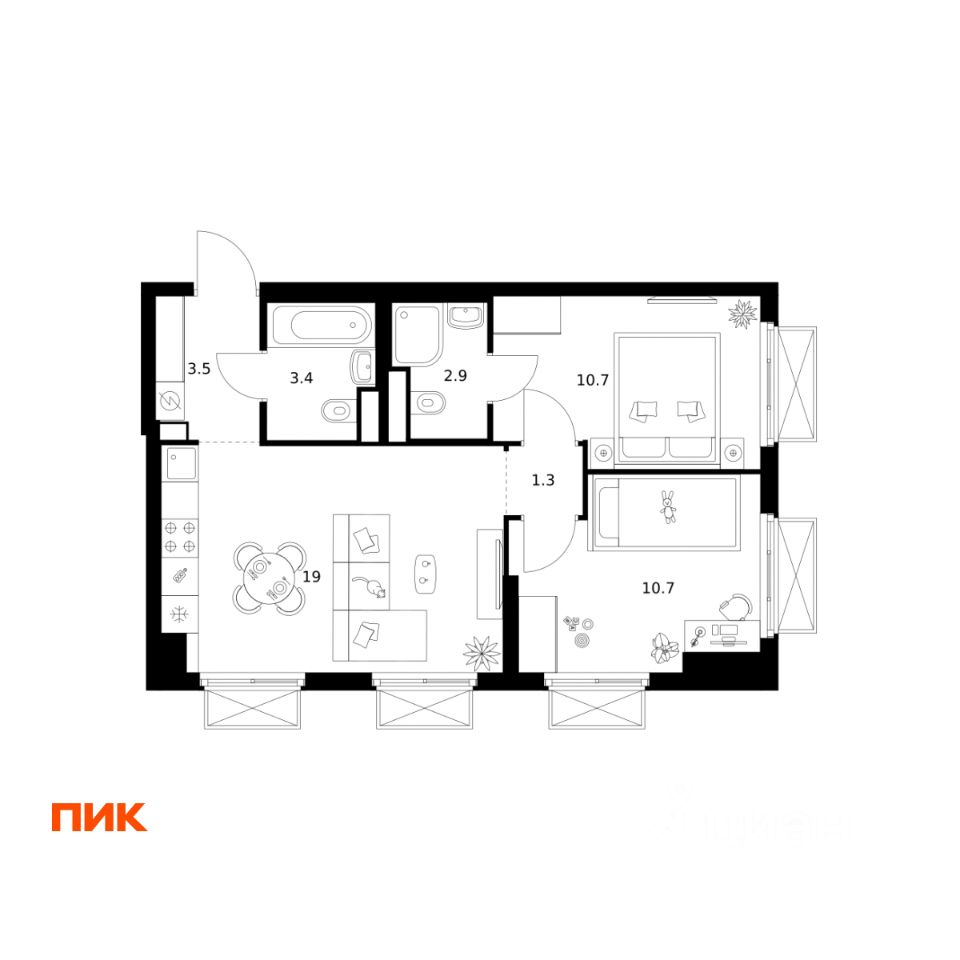 2-комн.кв., 51,5 м², 9/20 этаж