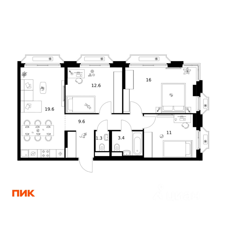 3-комн.кв., 73,5 м², 15/16 этаж