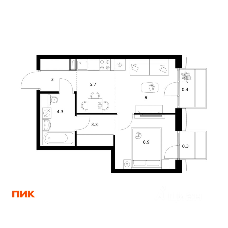 1-комн.кв., 34,9 м², 5/30 этаж