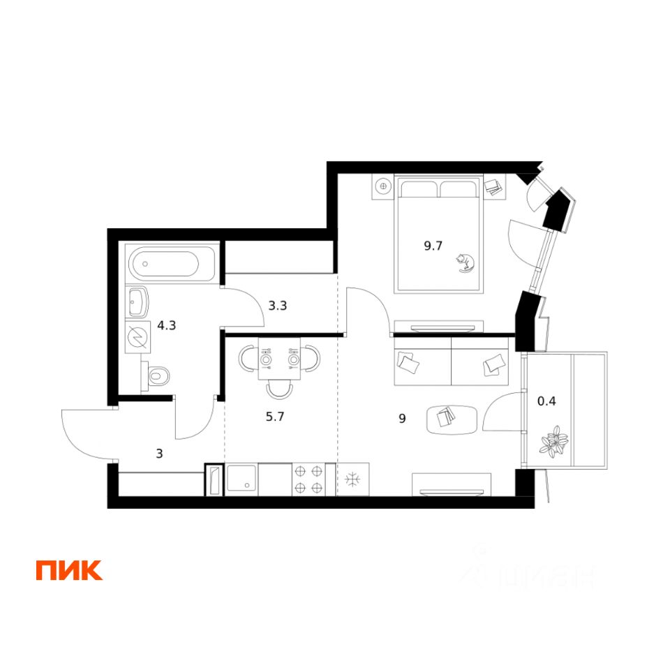 1-комн.кв., 35,4 м², 2/30 этаж