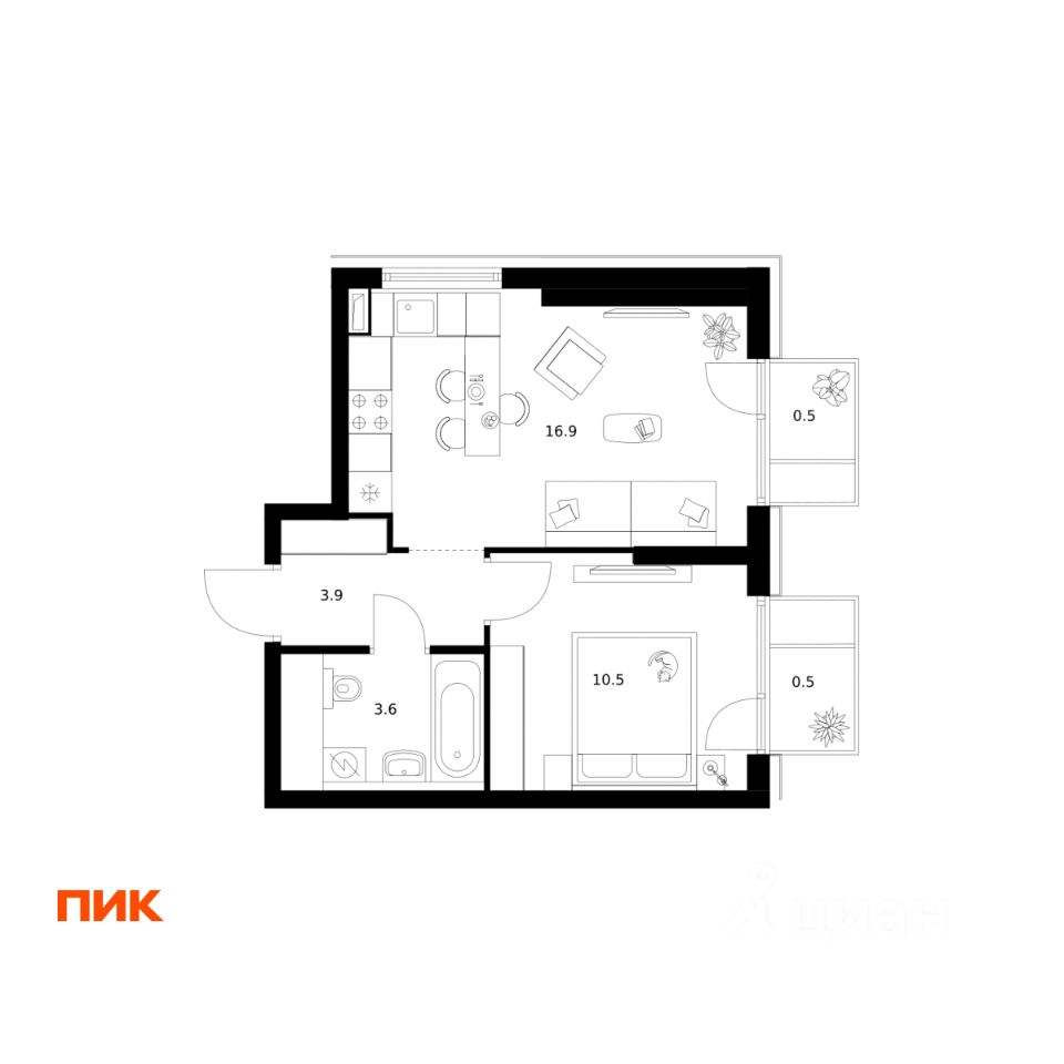 1-комн.кв., 35,9 м², 4/19 этаж